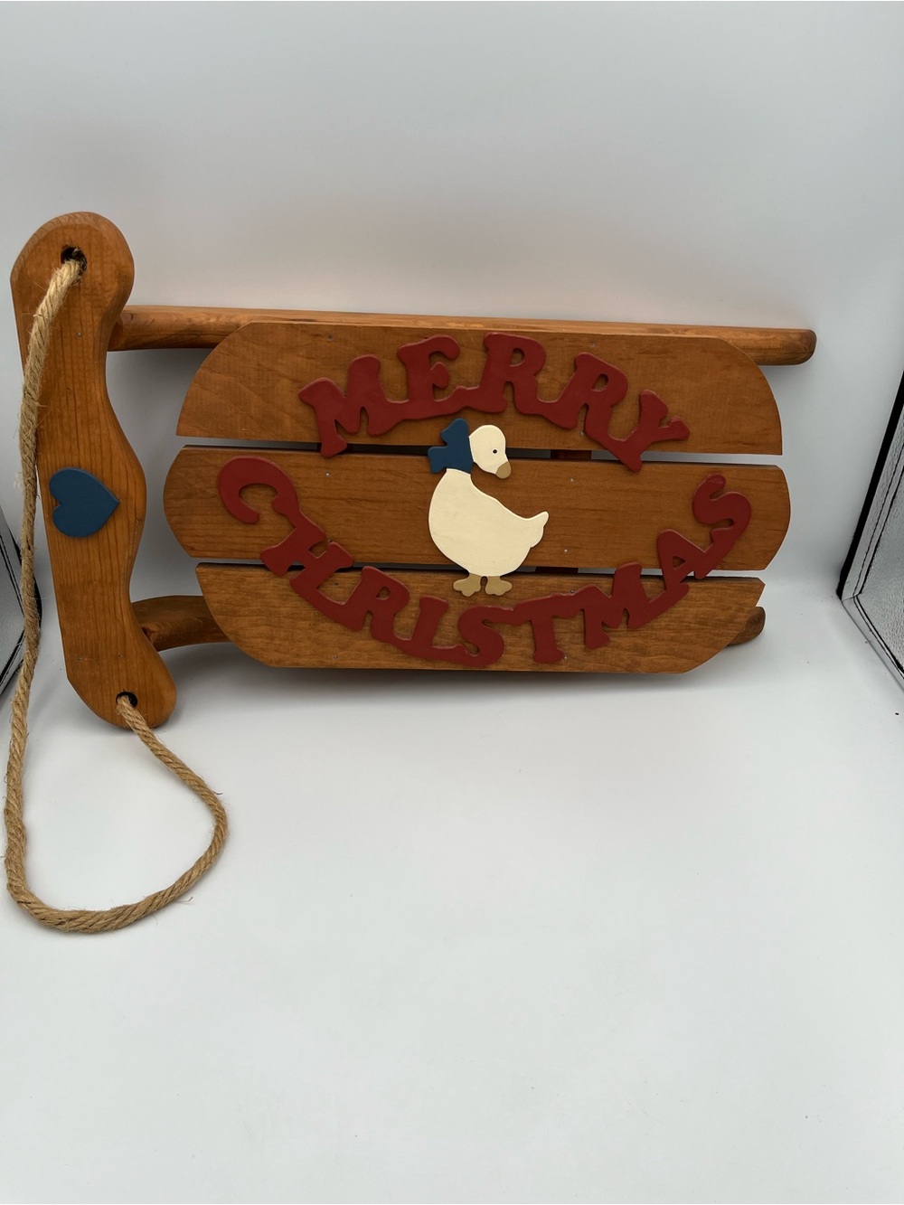 VTG Merry Christmas Shelf Wood Sled Goose Cottage Core Hand Painted Granny Core